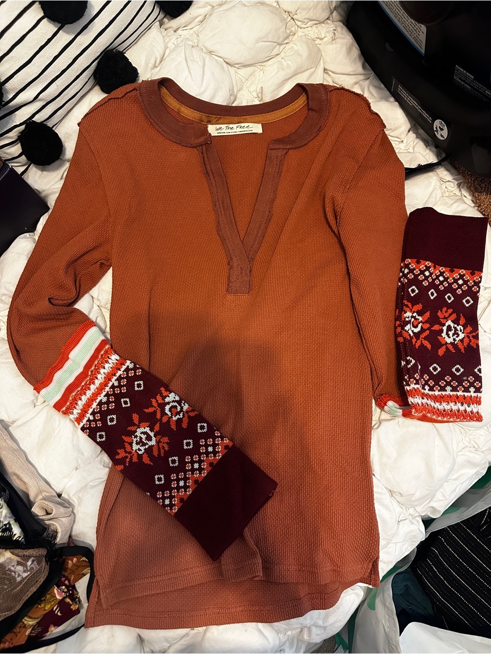 Free People Rust Orange Thermal Top with Maroon Patterned Cuffs